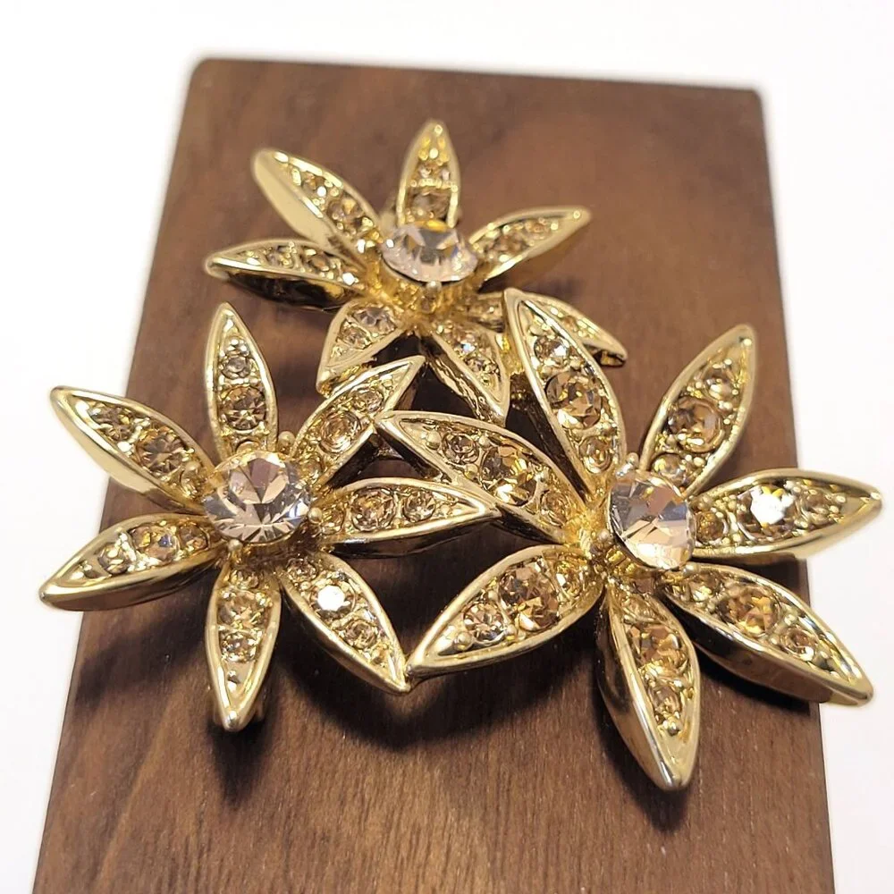 Vintage Liz Claiborne Three Flower Brooch Pink & Champagne Rhinestones